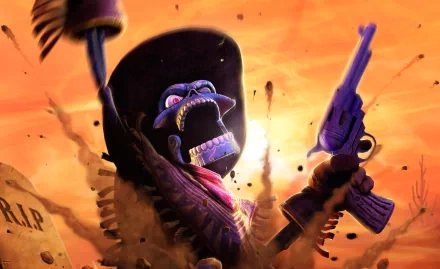 HD PC desktop wallpaper featuring a dynamic scene from the video game The Gunstringer, showcasing its distinctive animated character with guns drawn against a fiery sky.