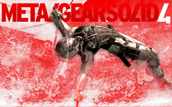 HD PC desktop wallpaper featuring artwork from the video game Metal Gear Solid 4: Guns of the Patriots, showcasing its iconic character in a dynamic pose with bold red text.