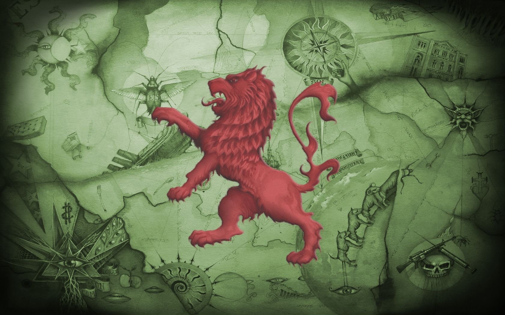HD desktop wallpaper featuring a vintage map background with a prominent red lion emblem, inspired by Enter Shikari's music themes.