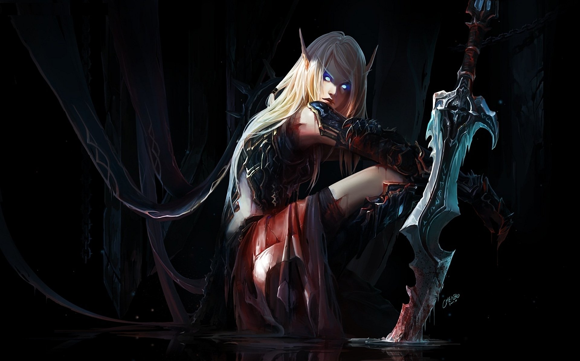 HD PC desktop wallpaper featuring a dark, mystical elf from the video game World of Warcraft, holding a detailed, ornate sword in a shadowy environment.