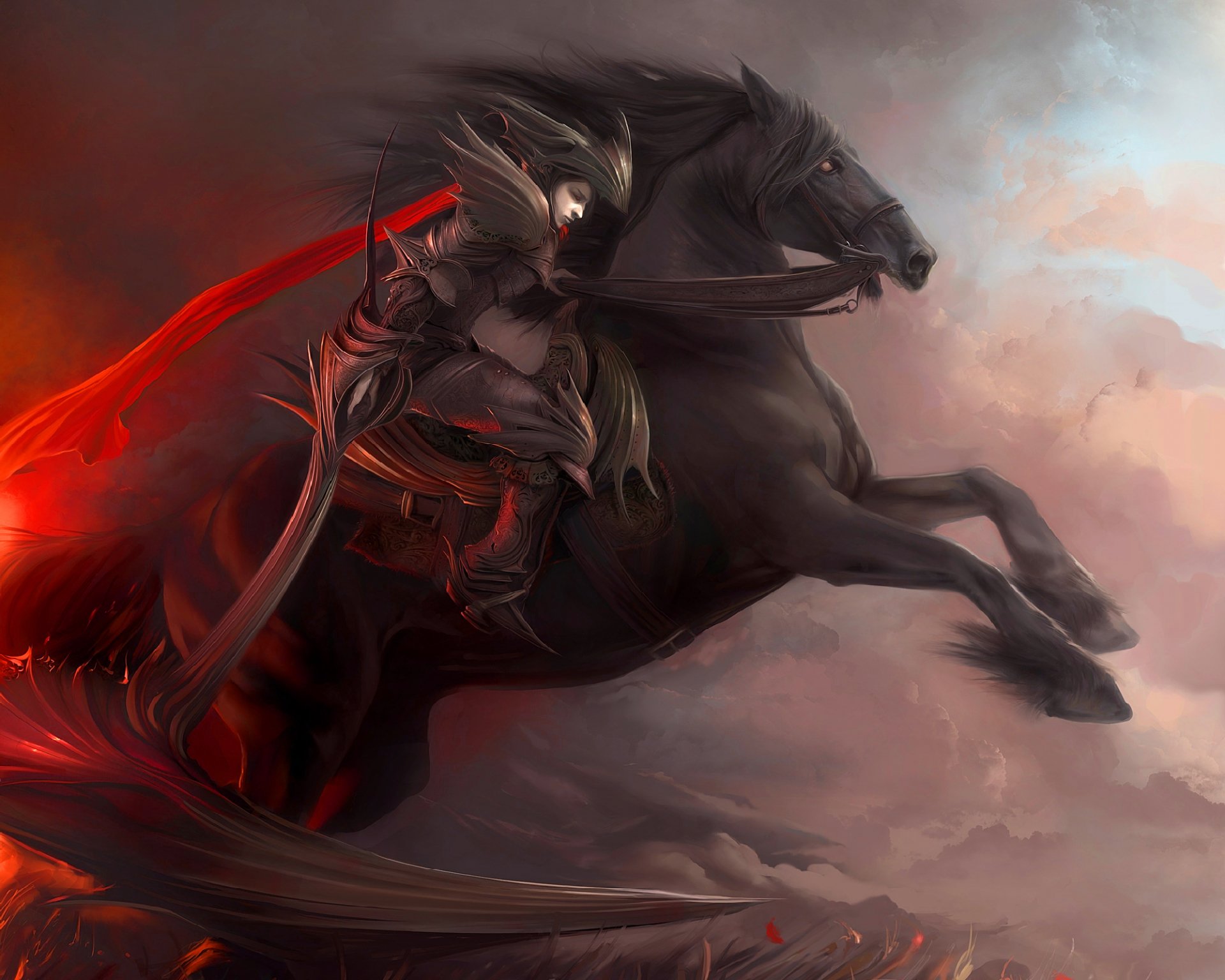 A fantasy warrior on a powerful black horse, adorned in dark armor and flowing red fabric, charges through a dramatic sky. HD desktop wallpaper showcasing epic battle imagery.