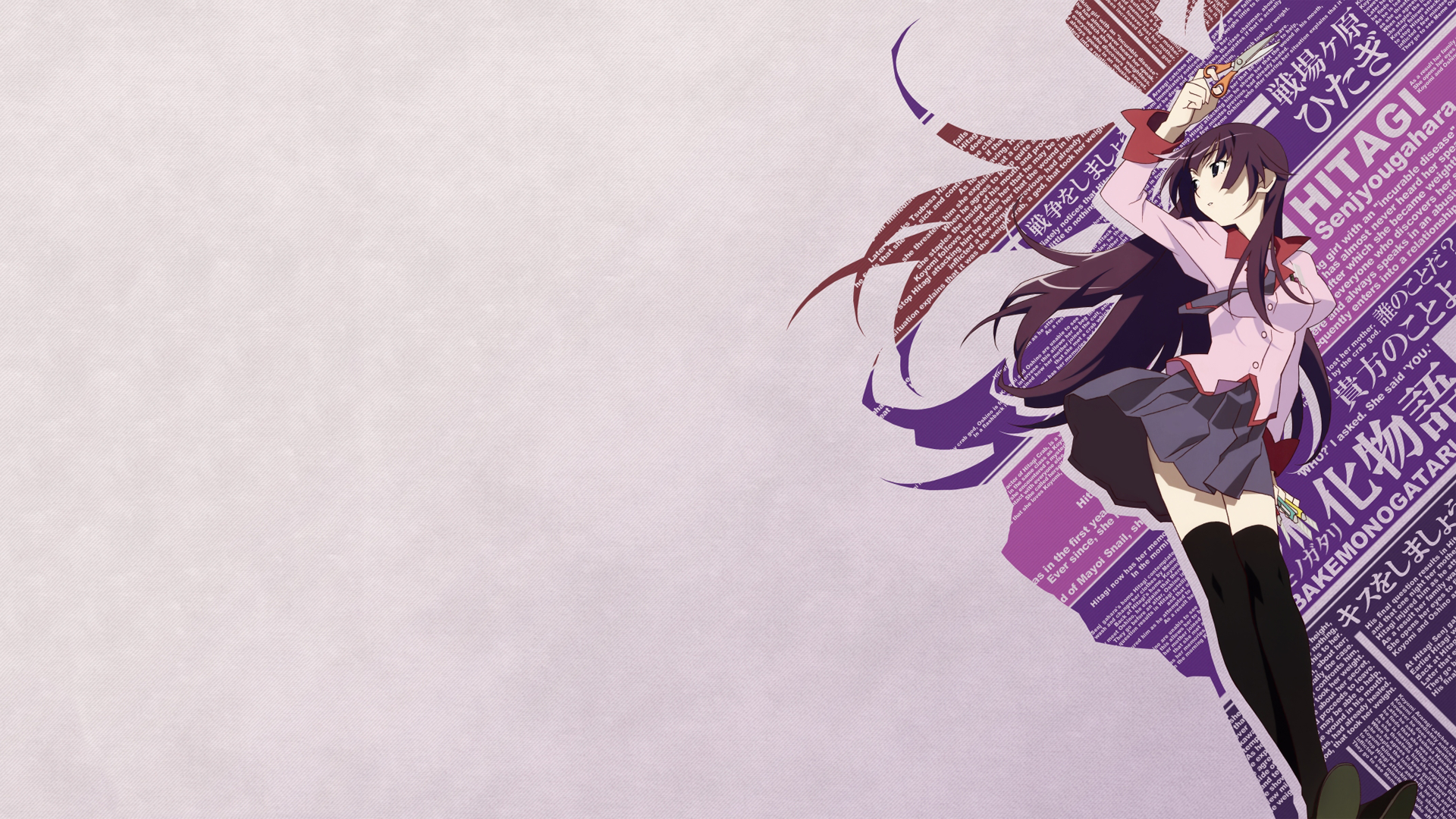 HD PC desktop wallpaper featuring Hitagi Senjōgahara from the Monogatari anime series, showcasing her dynamic pose against a textured, purple-toned background.