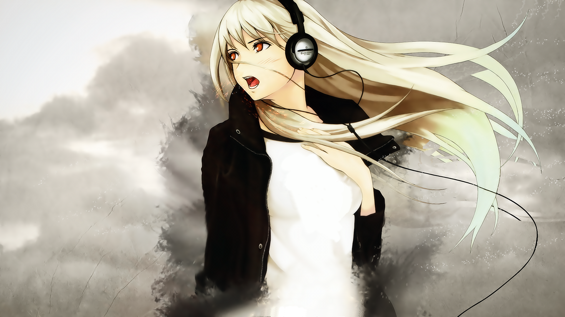 HD PC desktop wallpaper featuring an anime-style character with long blonde hair wearing headphones, inspired by the video game beatmania.