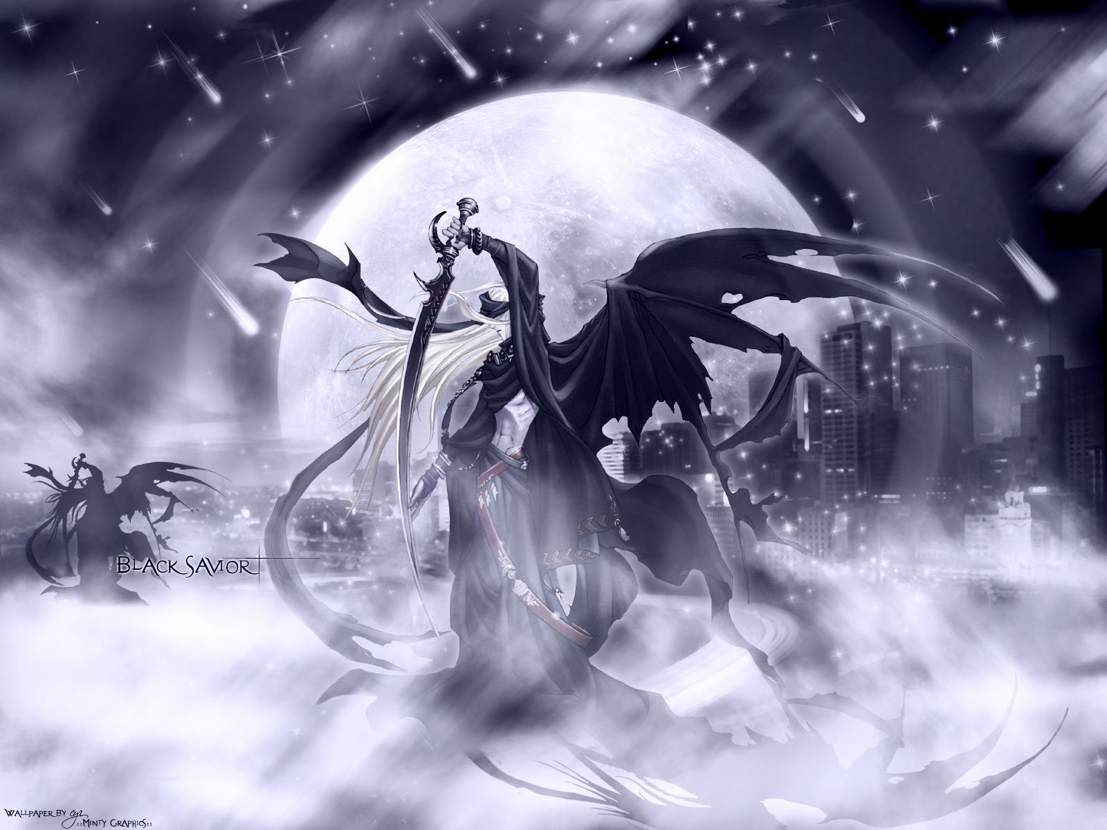 A striking HD anime wallpaper featuring a dark, dramatic scene with a figure wielding a sword, a large dragon, and a full moon, set against a misty city backdrop.