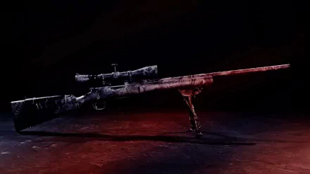 A detailed HD desktop wallpaper features a man-made sniper rifle, showcasing its sleek design and precision craftsmanship against a dark backdrop.