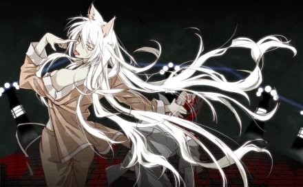 A striking HD wallpaper featuring Black Hanekawa from Nekomonogatari: Kuro, showcasing her white hair and cat ears against a dark background, embodying the essence of the Monogatari series.