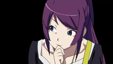 HD anime desktop wallpaper of Hitagi Senjōgahara from Monogatari Series: Second Season — purple‑haired character in a thoughtful pose against a black background.