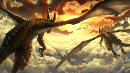 A breathtaking fantasy scene featuring two majestic dragons soaring through vibrant clouds, illuminated by a stunning sunset. Designed as a high-definition PC desktop wallpaper.
