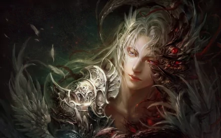 A stunning HD fantasy wallpaper featuring an angelic figure adorned with intricate armor and ethereal wings, set against a dark, mystical backdrop.