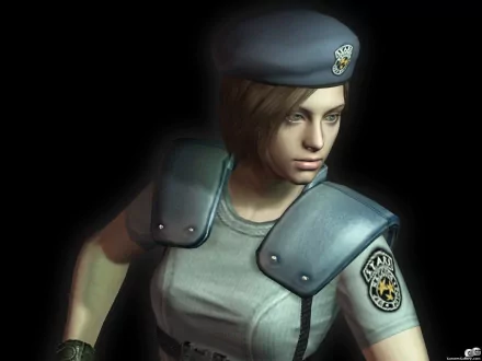 A high-definition wallpaper featuring a character from Resident Evil, showcasing a determined expression and detailed police uniform against a dark background.