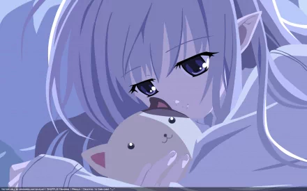 HD PC desktop wallpaper of Primula from Shuffle! — an anime girl with lavender hair and pointed ears clutching a cat plush, bathed in soft, cool blue lighting.