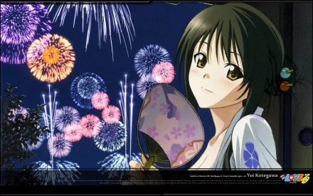 A vibrant HD wallpaper featuring Yui Kotegawa from the anime To Love-Ru, against a backdrop of colorful fireworks lighting up the night sky.