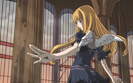 Anime HD PC desktop wallpaper from Dogs: Bullets & Carnage - long-haired winged girl in a dark dress reaches forward amid tall arched windows and shafts of light.