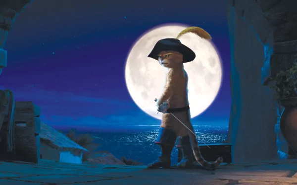 HD PC desktop wallpaper featuring Puss in Boots from the movie, standing confidently with a sword against a full moon over a nighttime ocean backdrop.