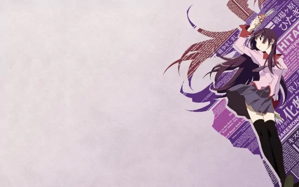 HD PC desktop wallpaper featuring Hitagi Senjōgahara from the Monogatari anime series, showcasing her dynamic pose against a textured, purple-toned background.