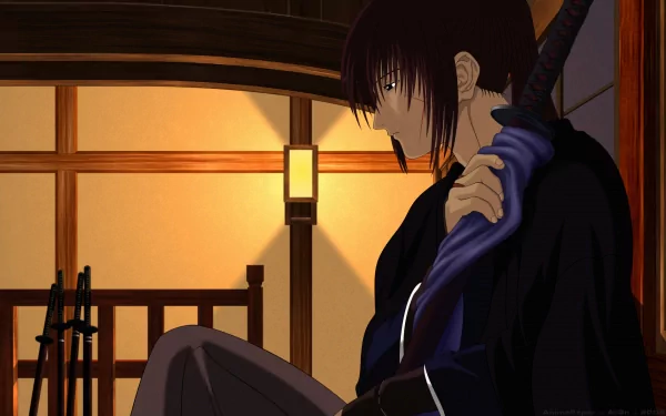 HD PC desktop wallpaper featuring a Rurouni Kenshin anime character with dark hair, holding a sword in a dimly lit traditional Japanese room.