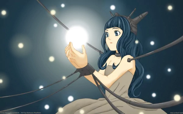 D.Gray-man anime HD PC desktop wallpaper background: blue‑haired, horned girl in a flowing dress holds a glowing orb as cables coil around her amid soft floating lights.