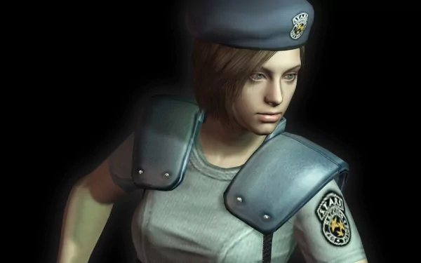 A high-definition wallpaper featuring a character from Resident Evil, showcasing a determined expression and detailed police uniform against a dark background.