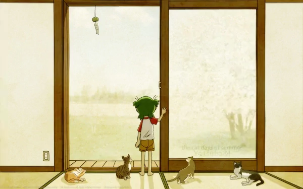 HD anime desktop wallpaper from Yotsuba! featuring a green-haired girl inside a traditional room with four cats and a peaceful outdoor view through large sliding doors.