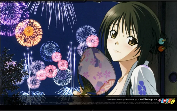 A vibrant HD wallpaper featuring Yui Kotegawa from the anime To Love-Ru, against a backdrop of colorful fireworks lighting up the night sky.