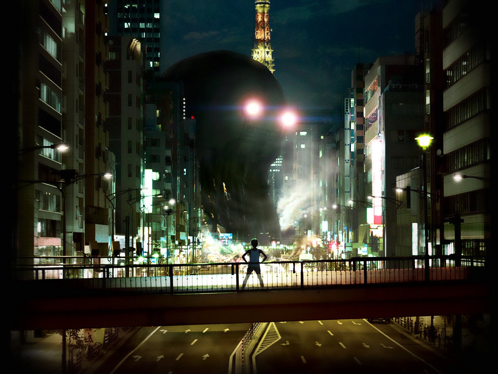 HD anime desktop wallpaper from 20th Century Boys featuring a silhouetted figure standing on a bridge overlooking a cityscape with a giant looming face in the background at night.