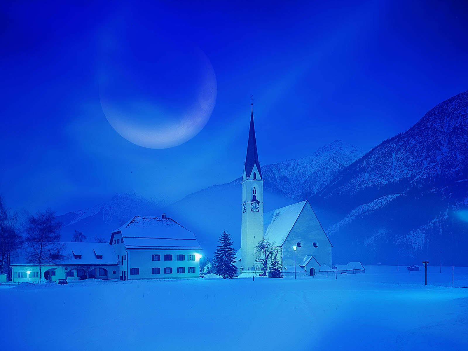 HD PC desktop wallpaper featuring a serene, snow-covered man-made church building with a tall steeple against a blue, moonlit night sky.