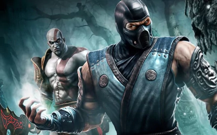 HD desktop wallpaper featuring Sub-Zero from Mortal Kombat and Kratos from God of War, set in a fantasy environment with a dark, eerie background.