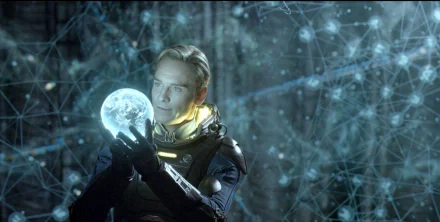 HD PC desktop wallpaper featuring Michael Fassbender in his role from the movie Prometheus, holding a glowing spherical object in a futuristic, sci-fi setting.