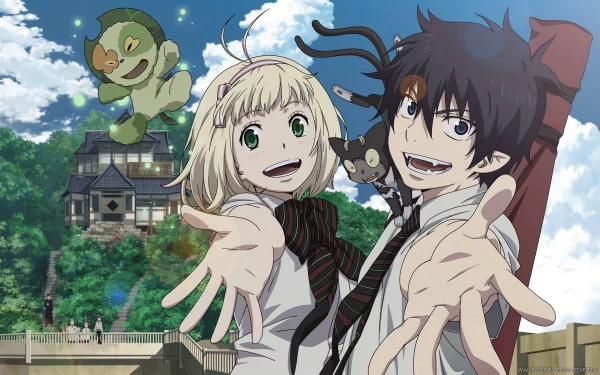 Anime characters Shiemi Moriyama and Rin Okumura from Ao No Exorcist, along with their companions Nee and Kuro, appear in a vibrant HD desktop wallpaper. The characters are smiling with arms outstretched.