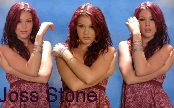 HD desktop wallpaper: three mirrored images of a cute British singer with red hair in a purple dress against a blue, music-themed background.