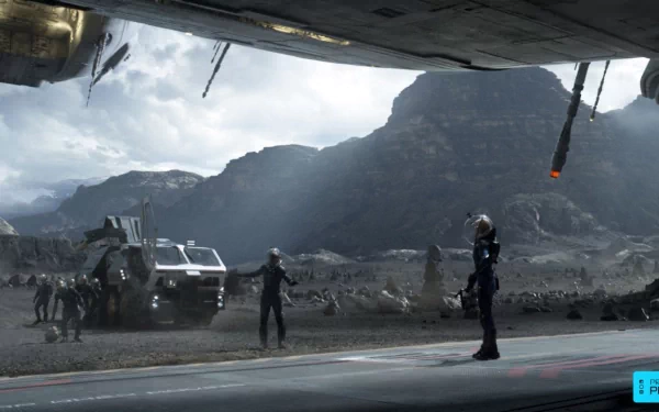 HD PC desktop wallpaper from the movie Prometheus, depicting astronauts and vehicles in a rugged alien landscape under a cloudy sky.