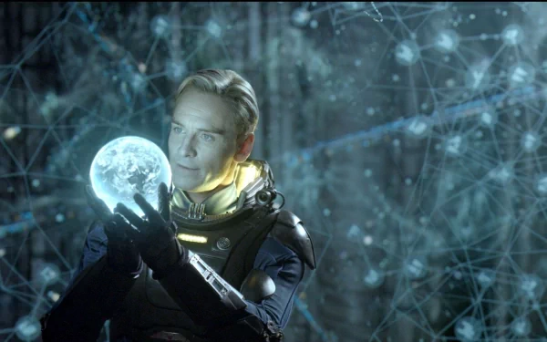 HD PC desktop wallpaper featuring Michael Fassbender in his role from the movie Prometheus, holding a glowing spherical object in a futuristic, sci-fi setting.