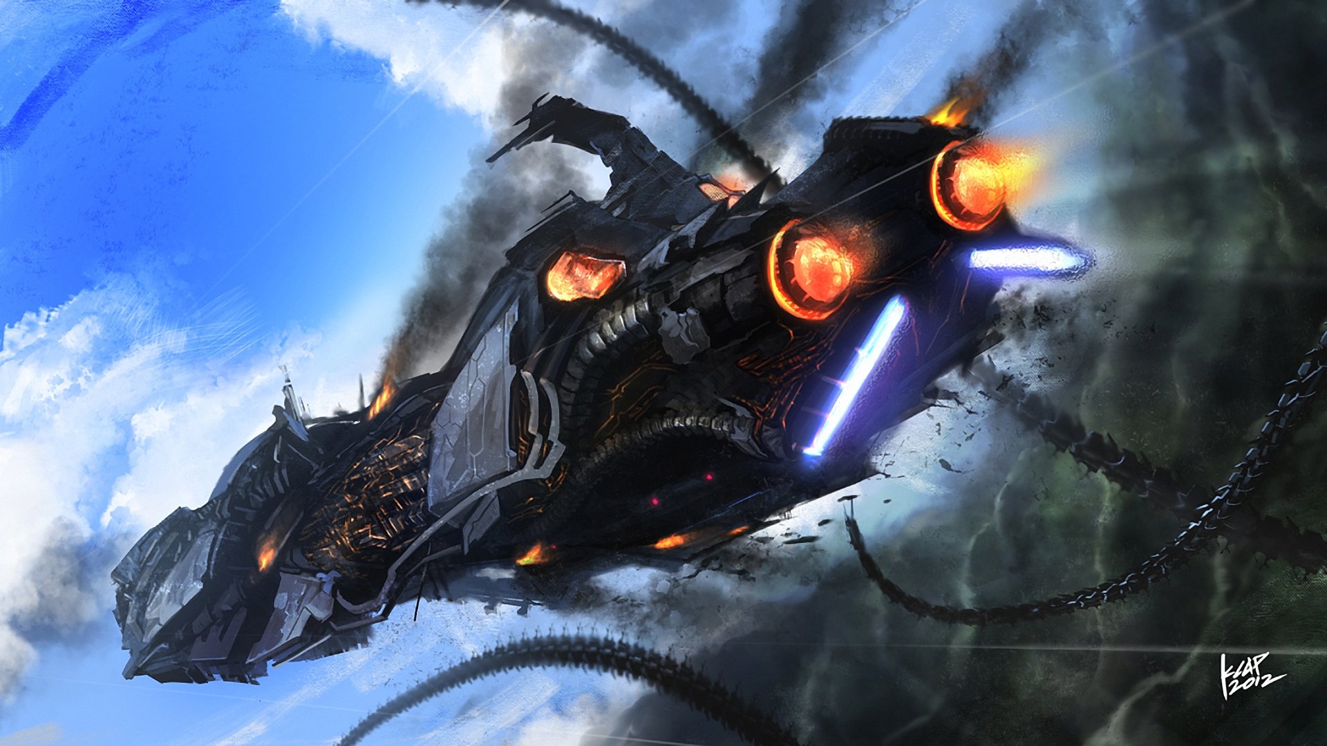 A striking HD desktop wallpaper featuring a futuristic spaceship soaring through a dramatic sky, surrounded by dynamic clouds and swirling energy. A captivating sci-fi scene.