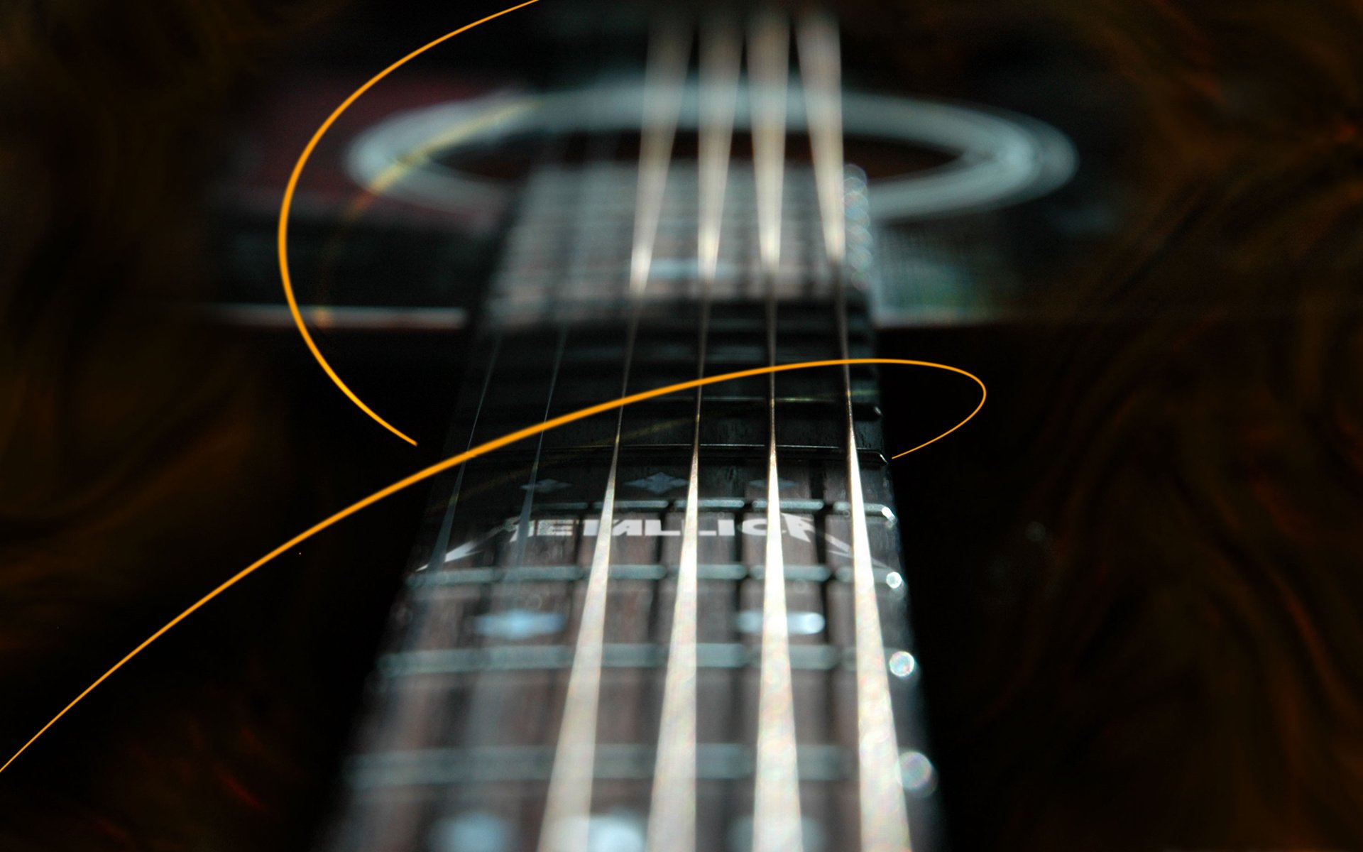 Close-up of a guitar neck with blurred strings, featuring a subtle musical note graphic. This HD wallpaper captures the essence of Metallica's powerful music.
