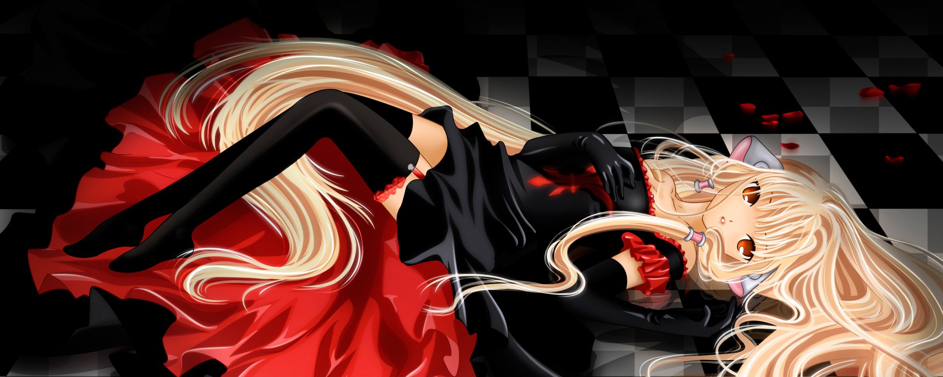 Anime Chobits HD PC desktop wallpaper: long-blonde, ear‑tipped girl in a red-and-black dress reclining on a glossy dark checkered floor.