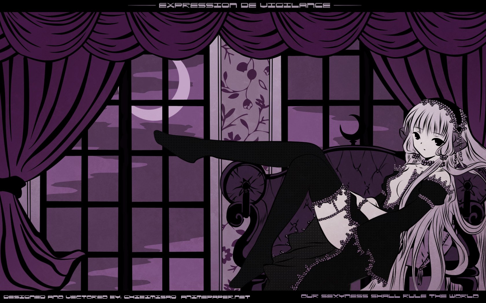 Purple-toned HD PC desktop wallpaper of a Chobits anime girl lounging on a chaise in a gothic-lolita outfit, long flowing hair against draped curtains and a silhouetted window.