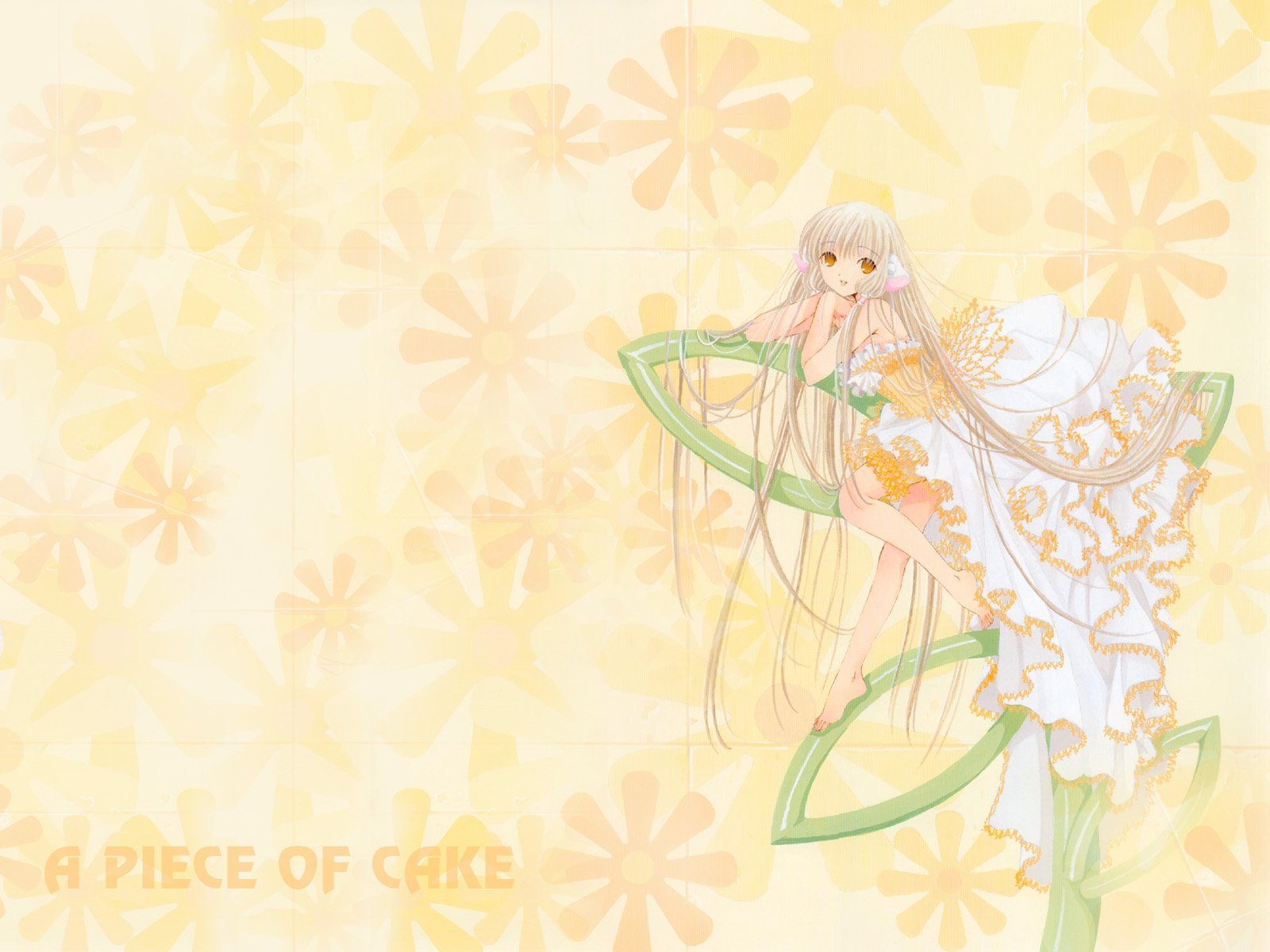 Anime HD PC desktop wallpaper featuring Chii (Chobits): delicate girl in a frilly white dress with long blond hair and green ribbon halos against a soft yellow floral background.