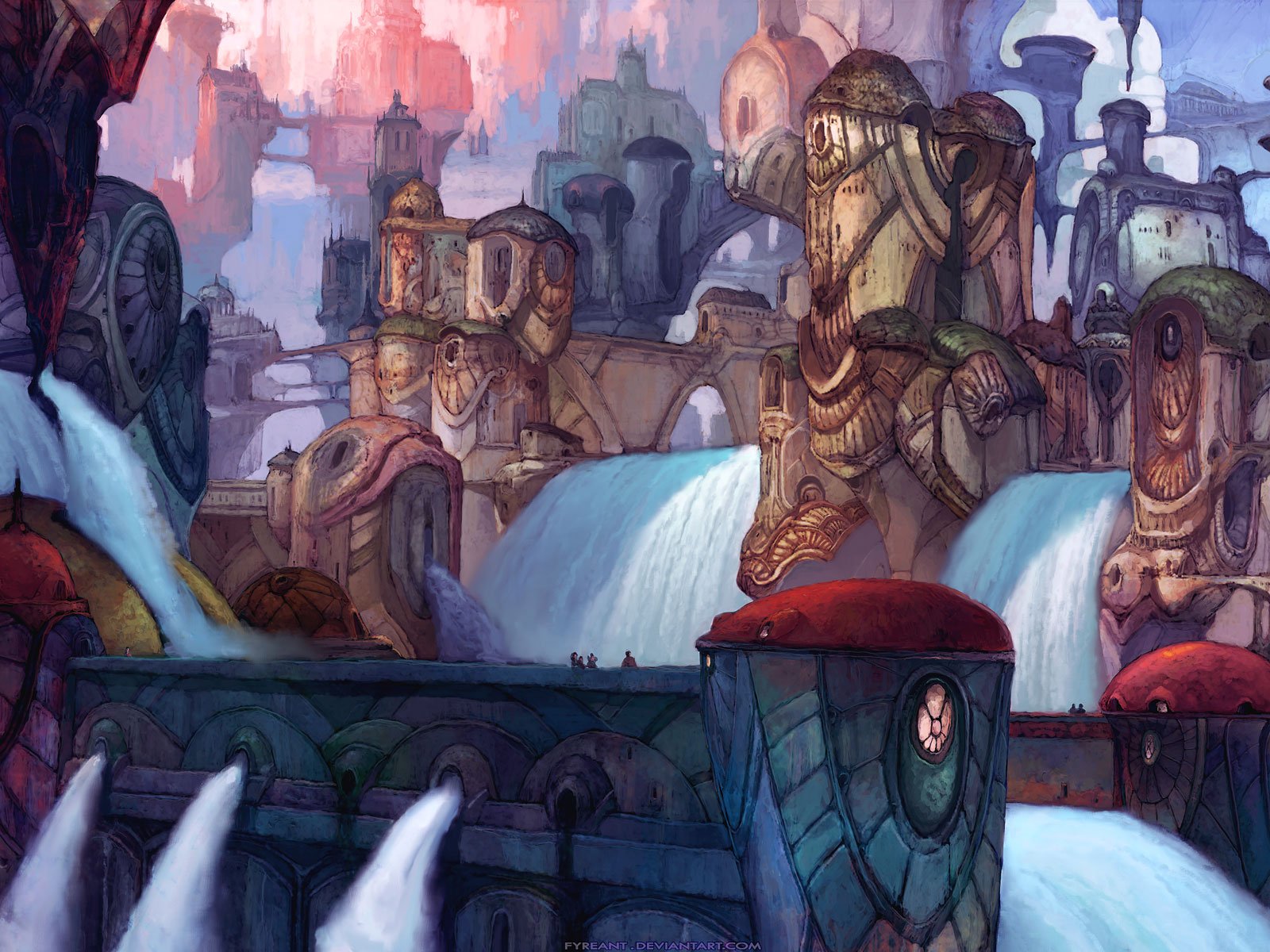 A high-definition fantasy city wallpaper depicting an intricate and vibrant cityscape with waterfalls and elaborate buildings, providing a fascinating backdrop for desktops.