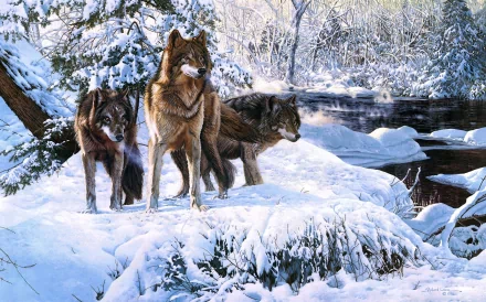 HD desktop wallpaper featuring three wolves standing on the snowy banks of a river, surrounded by a winter forest. The crisp, snowy landscape and majestic wolves create a striking winter scene.