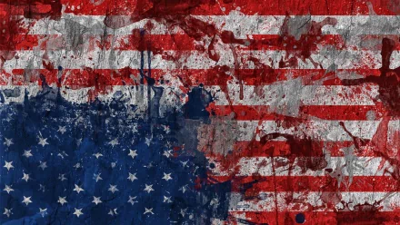 HD desktop wallpaper of a weathered American flag with paint splatters and distressed textures, blending man-made art with patriotic symbolism.