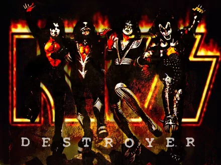 A vibrant HD wallpaper featuring the iconic rock band KISS, showcasing their signature makeup and costumes against a fiery background, capturing the energy of music and performance.
