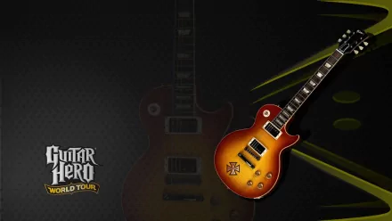 HD PC desktop wallpaper featuring a vibrant electric guitar from the Guitar Hero video game, highlighting the World Tour edition logo on a dark background.