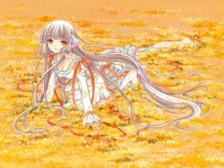 4K Ultra HD anime wallpaper featuring Chobits character with long silver hair lying in a vibrant yellow autumn field, detailed and vivid design for PC desktop background.