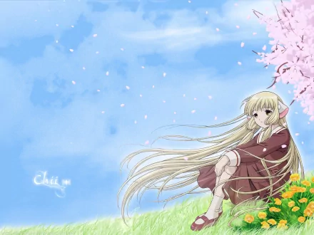 Chobits anime HD PC desktop wallpaper: Chii in a red kimono sits among flowers beneath cherry blossoms, petals drifting across a bright blue sky.
