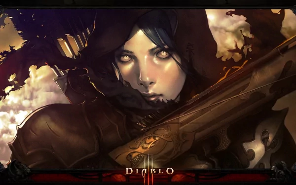 Demon Hunter character art from Diablo III, showcasing a fierce, determined figure cloaked in shadows, with an intricate crossbow, set against a dynamic fantasy background.