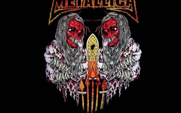 A striking Metallica HD desktop wallpaper featuring a bold design with eerie, red figures and intricate details, capturing the essence of the band's heavy metal aesthetic.