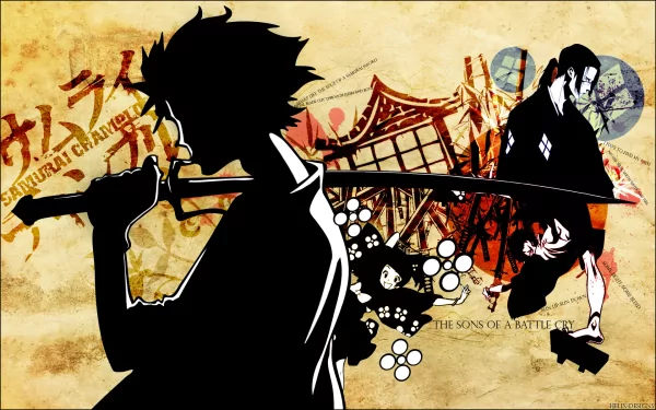 HD PC desktop wallpaper featuring anime-style silhouettes from Samurai Champloo with traditional Japanese elements and dynamic composition.