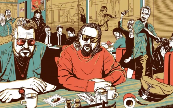 HD PC desktop wallpaper featuring stylized characters from the movie The Big Lebowski in a detailed, vibrant scene inside a diner.