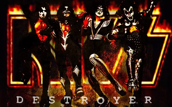 A vibrant HD wallpaper featuring the iconic rock band KISS, showcasing their signature makeup and costumes against a fiery background, capturing the energy of music and performance.