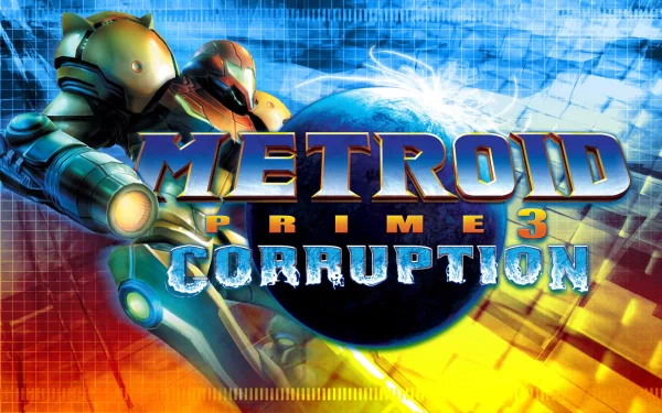 HD PC desktop wallpaper featuring Samus Aran from the video game Metroid Prime 3: Corruption with a dynamic sci-fi background and logo.